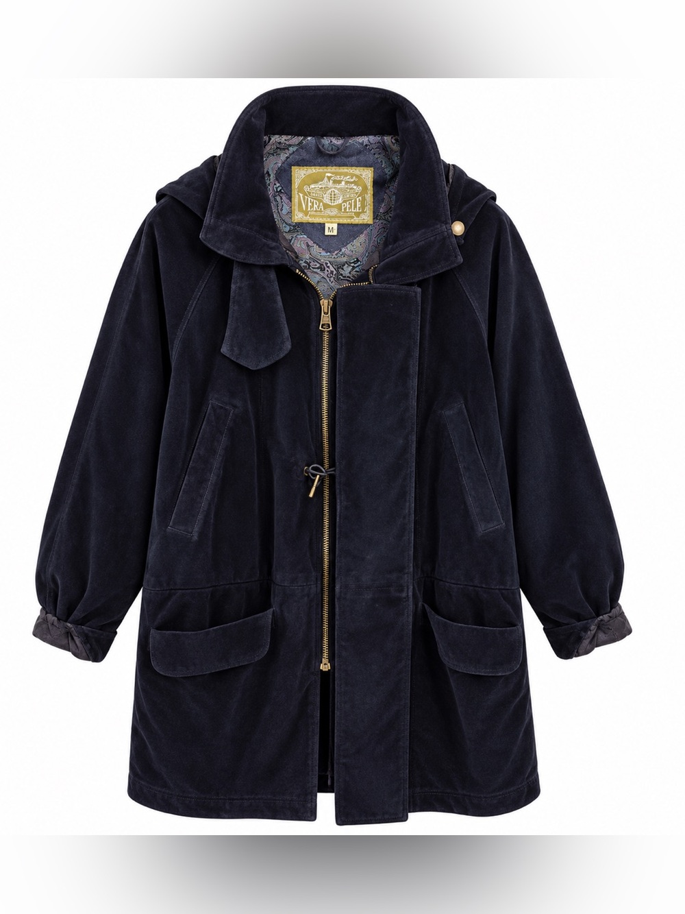 Vera Pelle Women’s M Navy Suede Leather Hooded Jacket Paisley Lined Italy